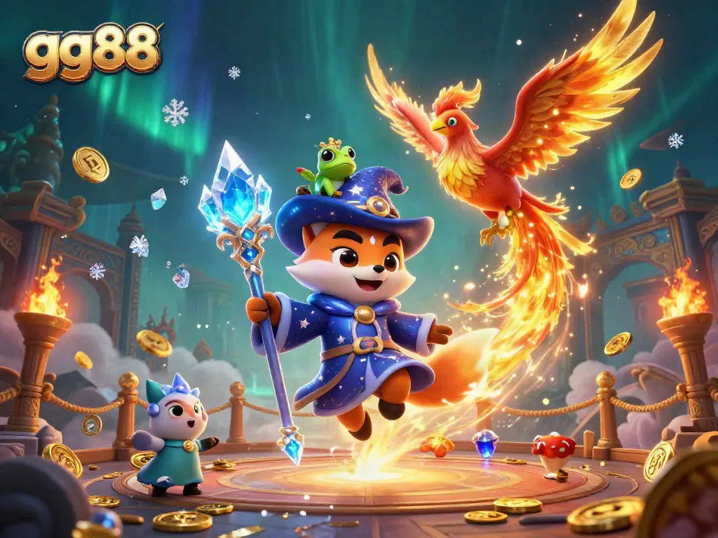 Engage with gg88's vibrant casino world featuring a wizard fox and phoenix amidst ancient treasures.
