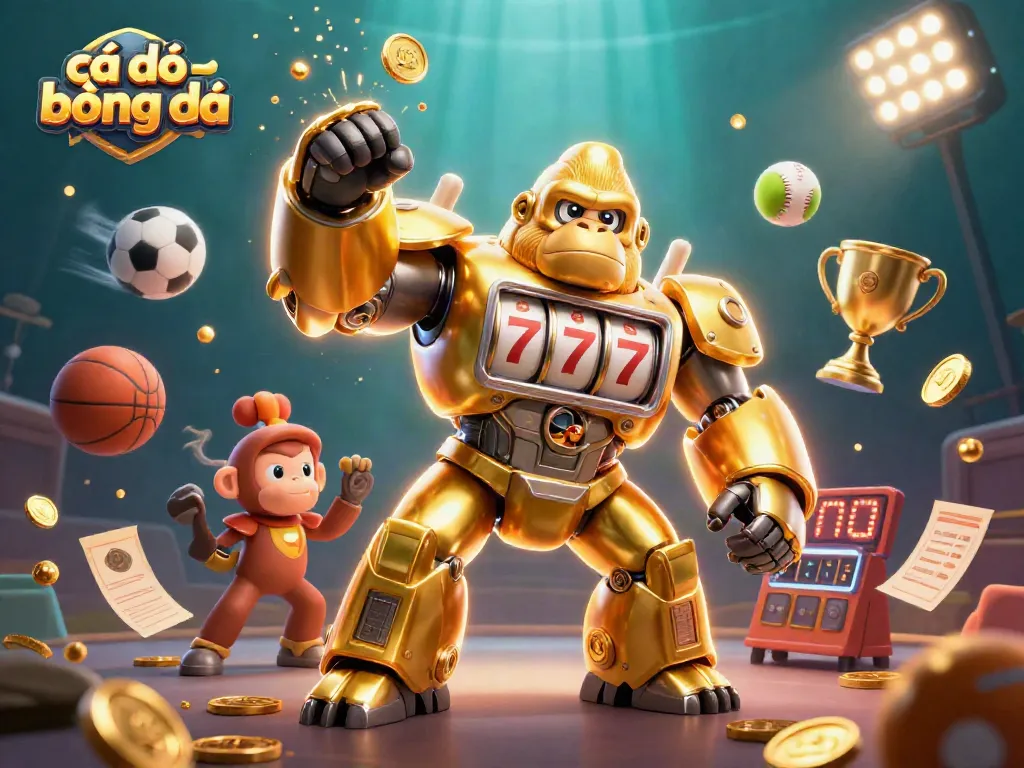 Cá độ bóng đá scene featuring a golden gorilla mech surrounded by sports elements and betting slips, dynamically engaging.