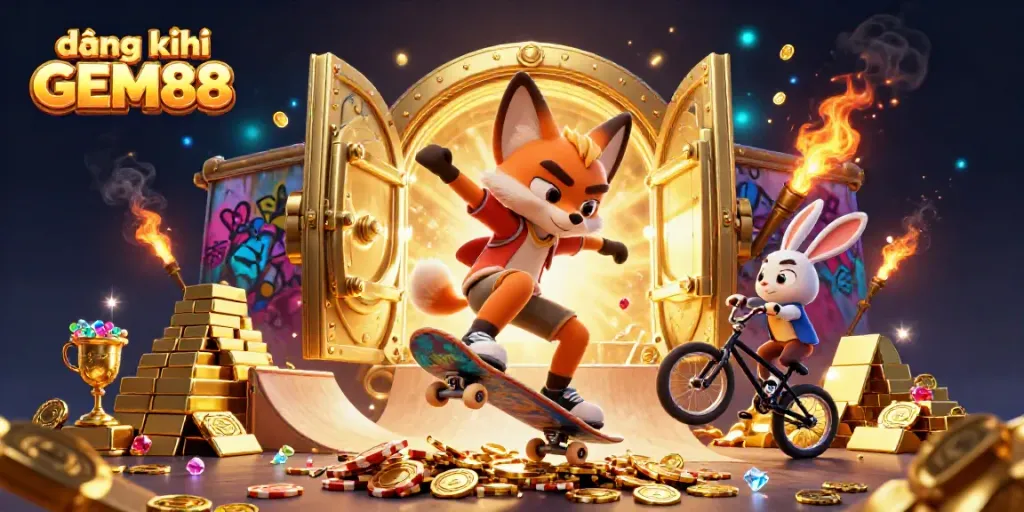 Engage in the excitement of đăng ký GEM88 with a vibrant 3D illustration depicting a skateboarder fox and BMX rabbit in a casino-themed environment.