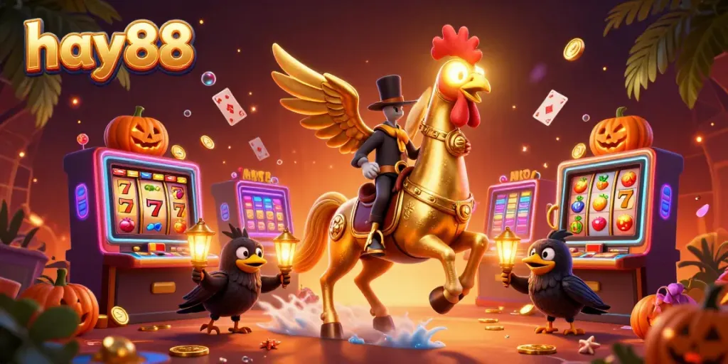 Experience electrifying gaming at hay88 with a golden rooster and mystical companions in a vibrant midnight casino.