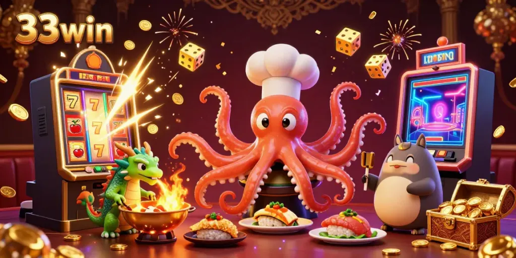 Experience the thrill of 33win in a lively casino scene with octopus chef and dragon.