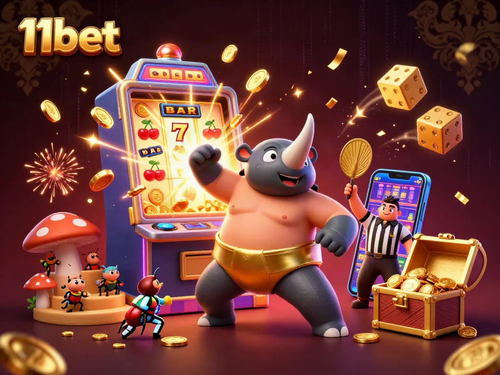 Experience the thrill of 11bet with a vibrant casino scene featuring a beetle sumo champion.