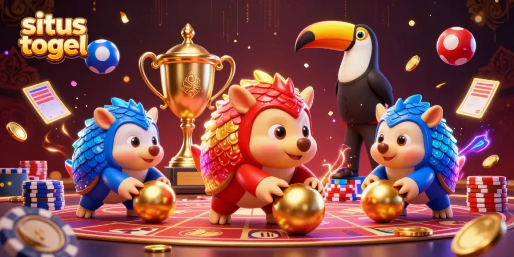 Engaging scene with situs togel characters, vibrant pangolins, and dynamic lottery elements in action.