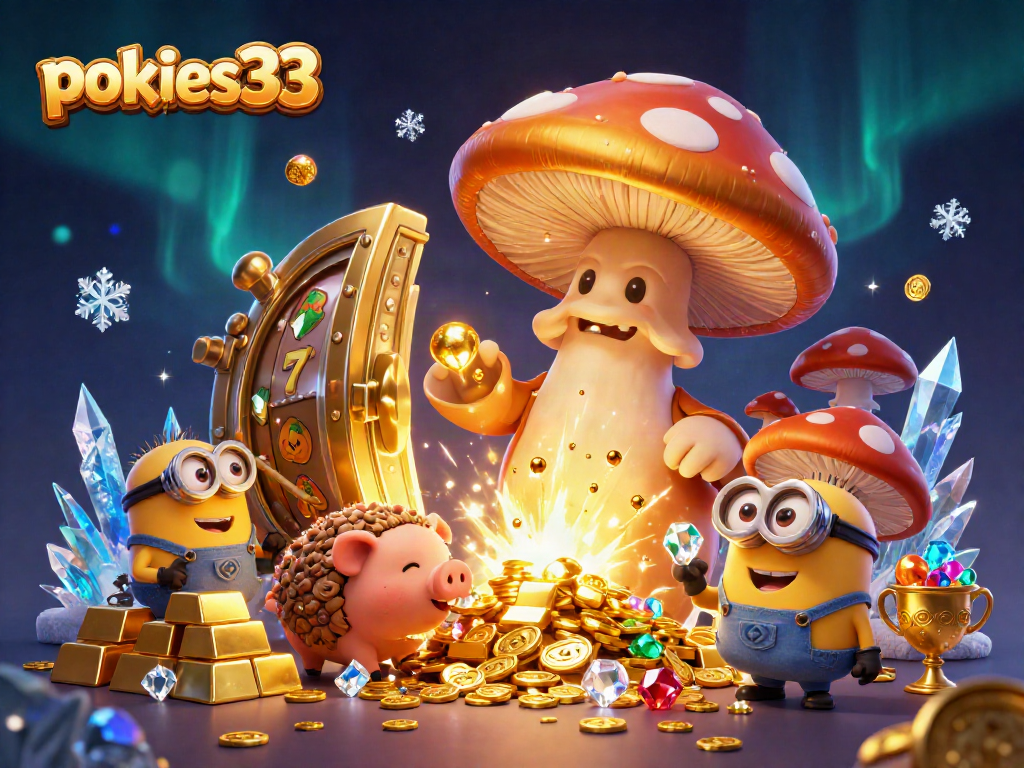 Engage with pokies33 in a vibrant 3D scene of a wizard and treasure, highlighting casino excitement.