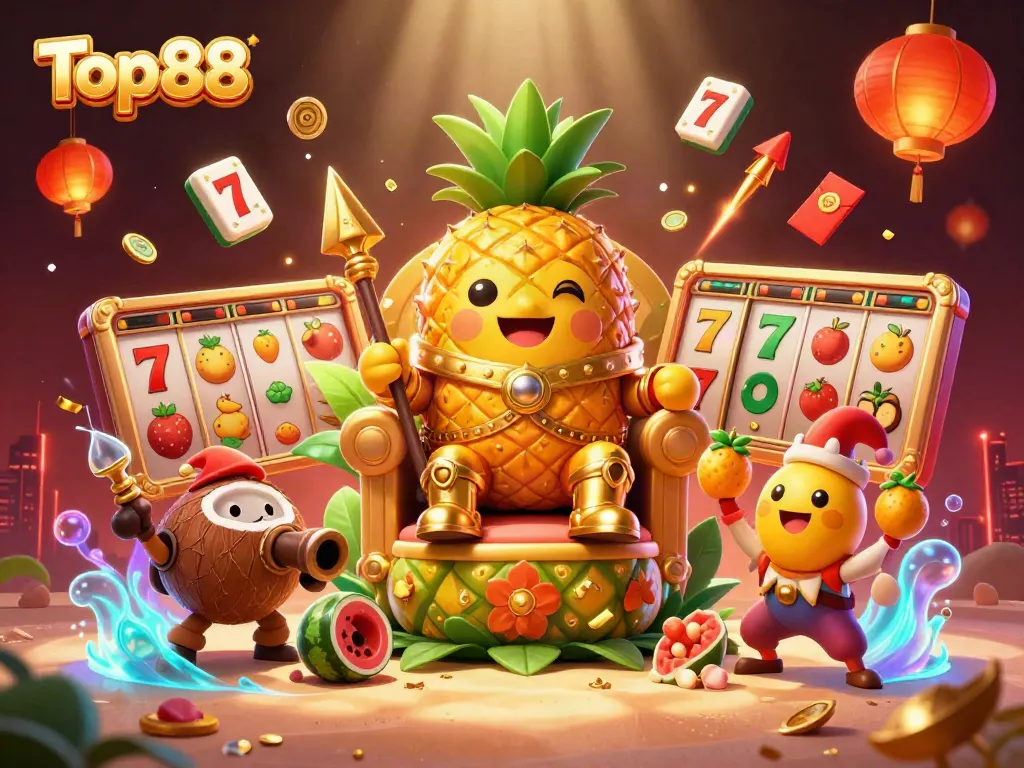 Experience the thrill of Top88 with a vibrant casino scene featuring a golden pineapple king and dynamic game elements.