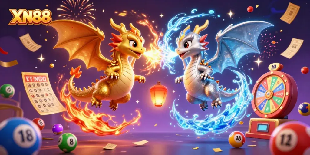 Join the exhilarating world of XN88 with twin dragons and dynamic casino elements!