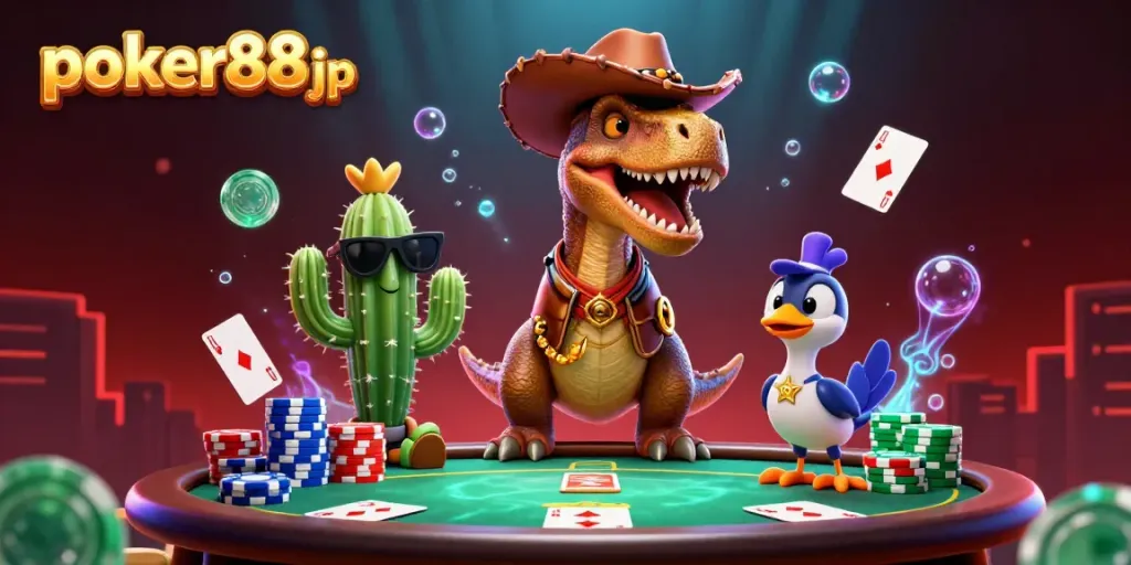 Engage with poker88jp through an exciting 3D scene of playful characters and poker elements.