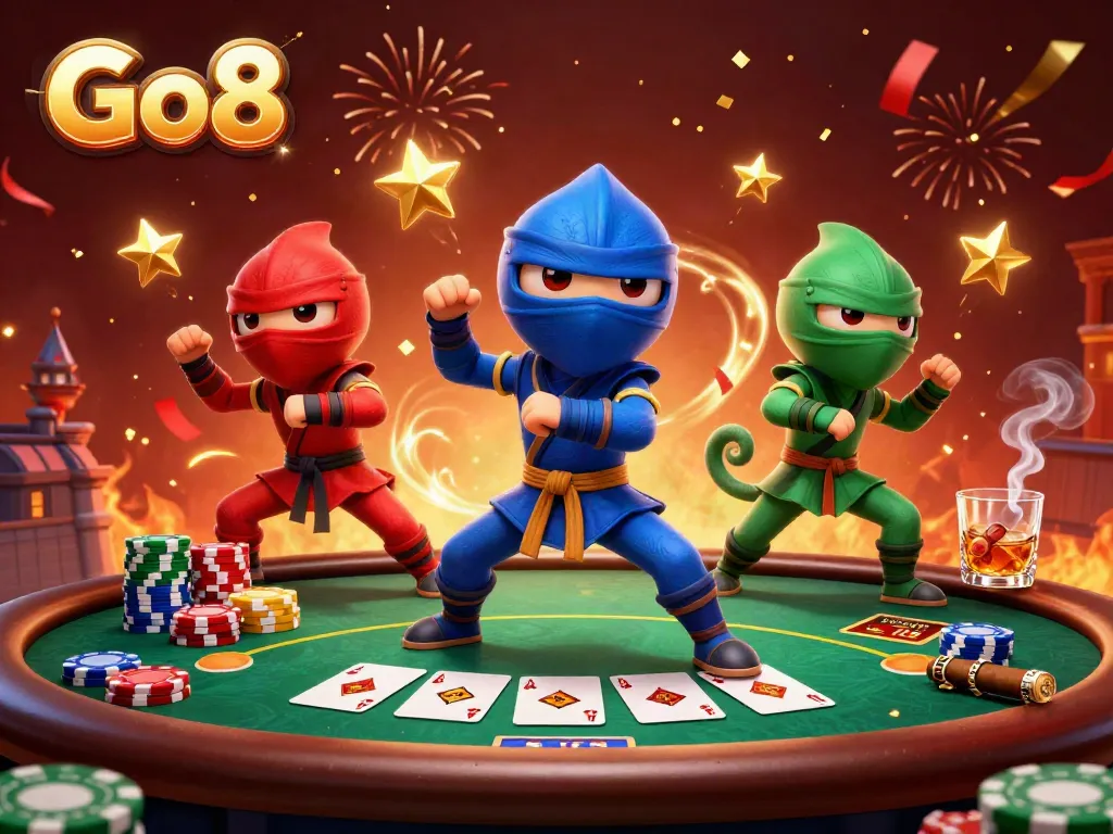 Engage in thrilling poker action with Go8 as ninja chameleons battle on a rooftop.