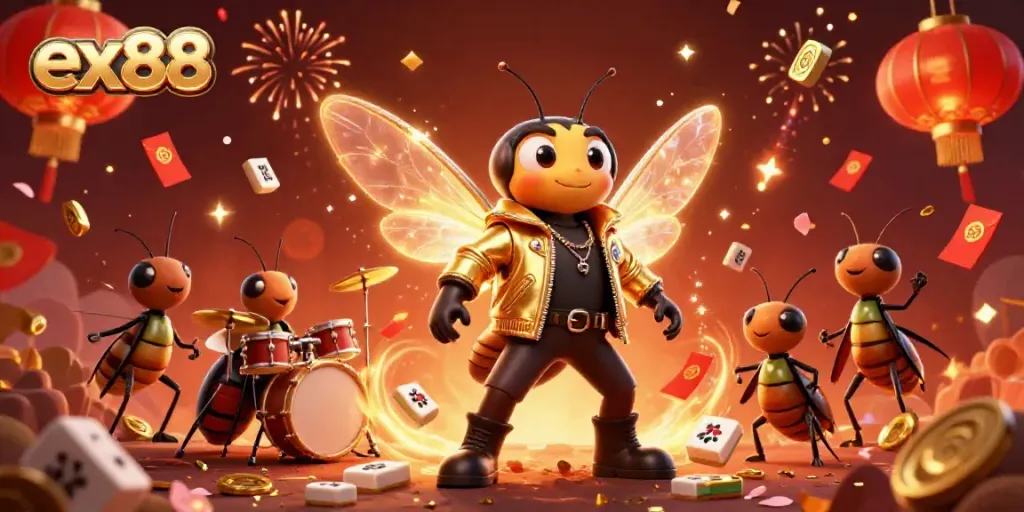 Experience excitement with ex88 in this vibrant 3D illustration showcasing a cicada rock star, lively beats, and casino elements.