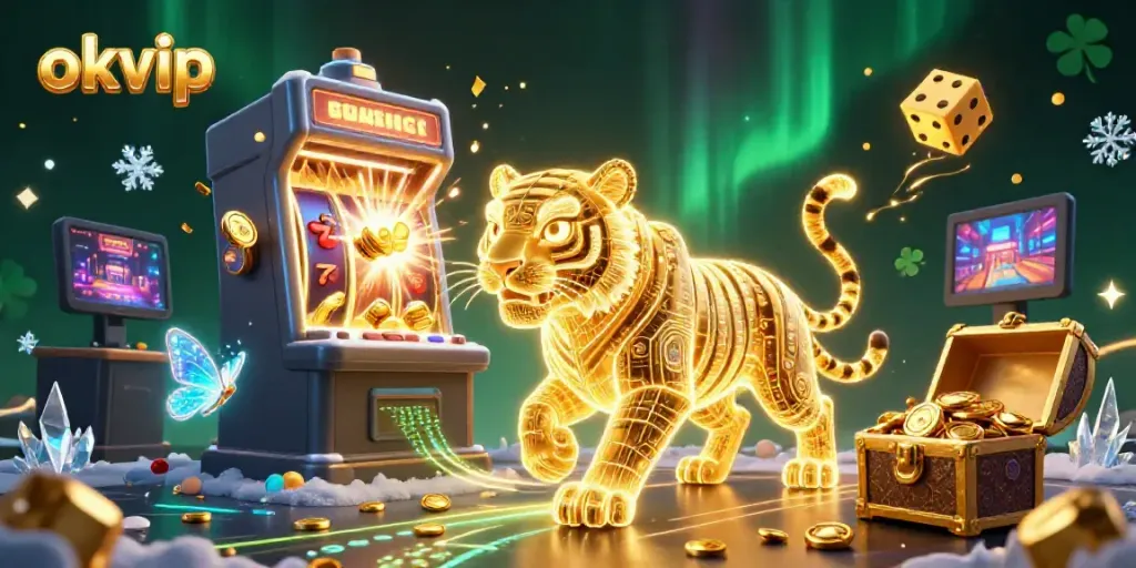 okvip slots lighting up the casino with jackpots and game excitement in a vibrant 3D illustration.