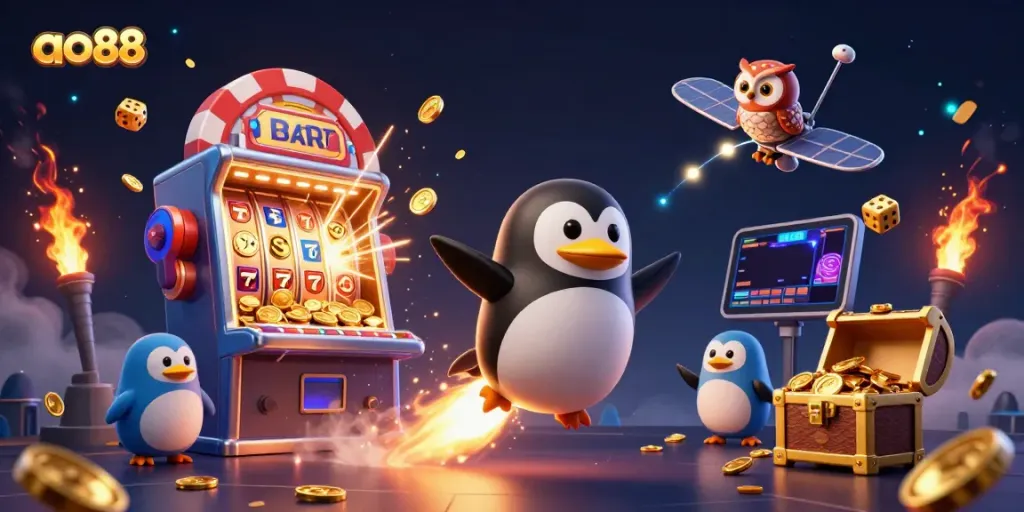 Experience the thrill of ao88 casino with a dazzling golden penguin, jackpot slots, and vibrant game elements.