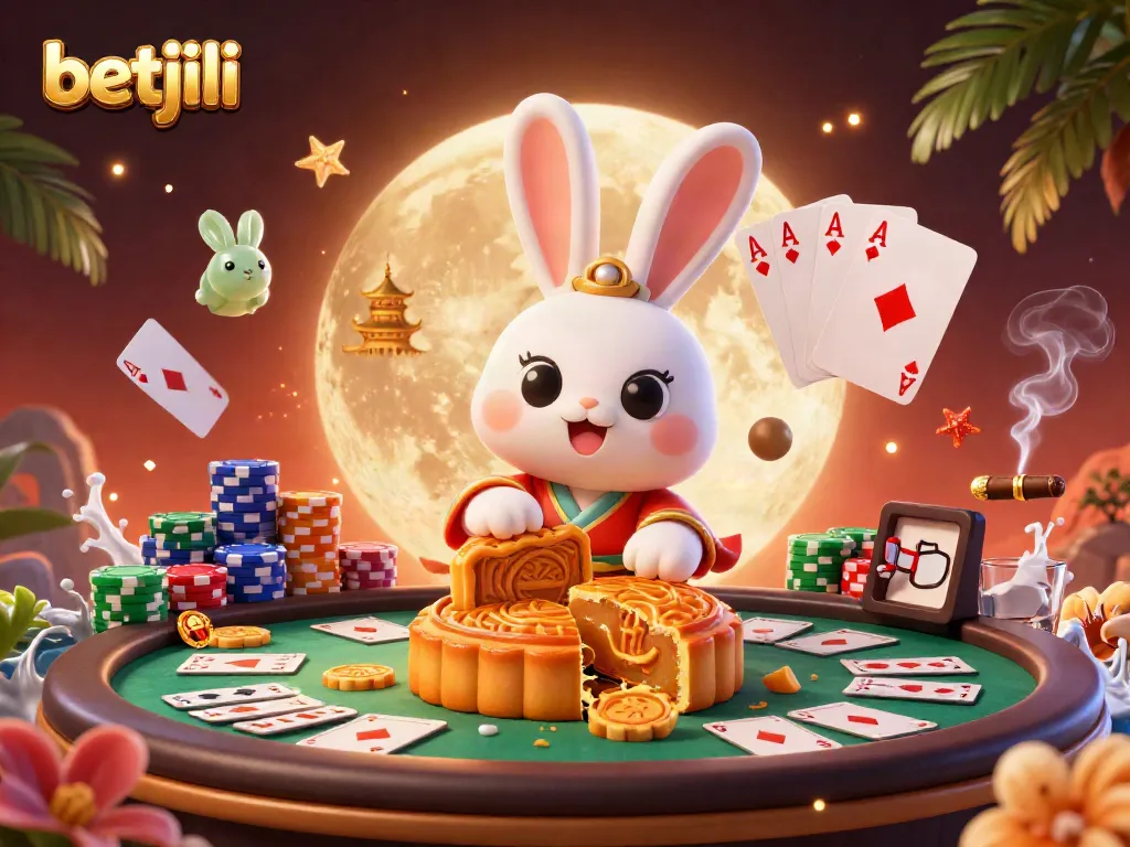 Join the excitement of betjili with a captivating scene featuring a moon rabbit and poker elements.