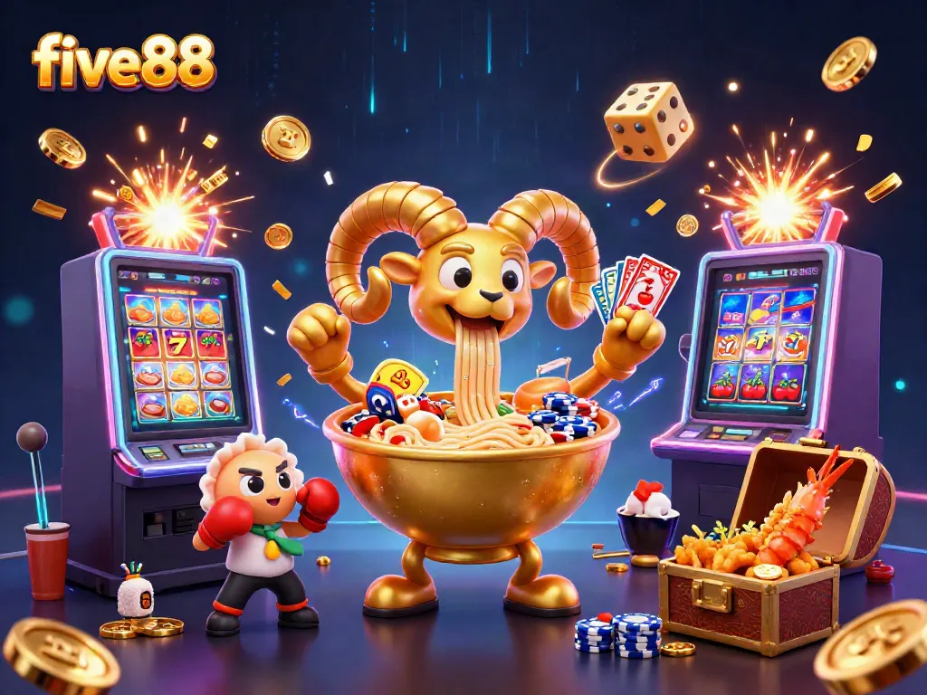 five88 showcases an exciting 3D casino scene with a giant ramen dealer stacking chips amidst slot machines