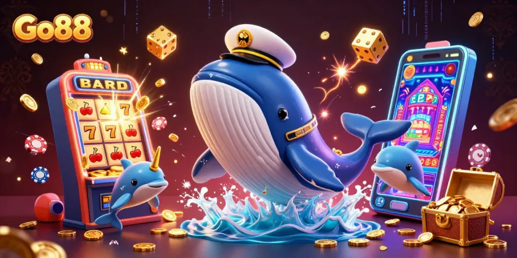 Experience thrilling wins at Go88 with playful dolphins and a treasure-filled whale illustration.