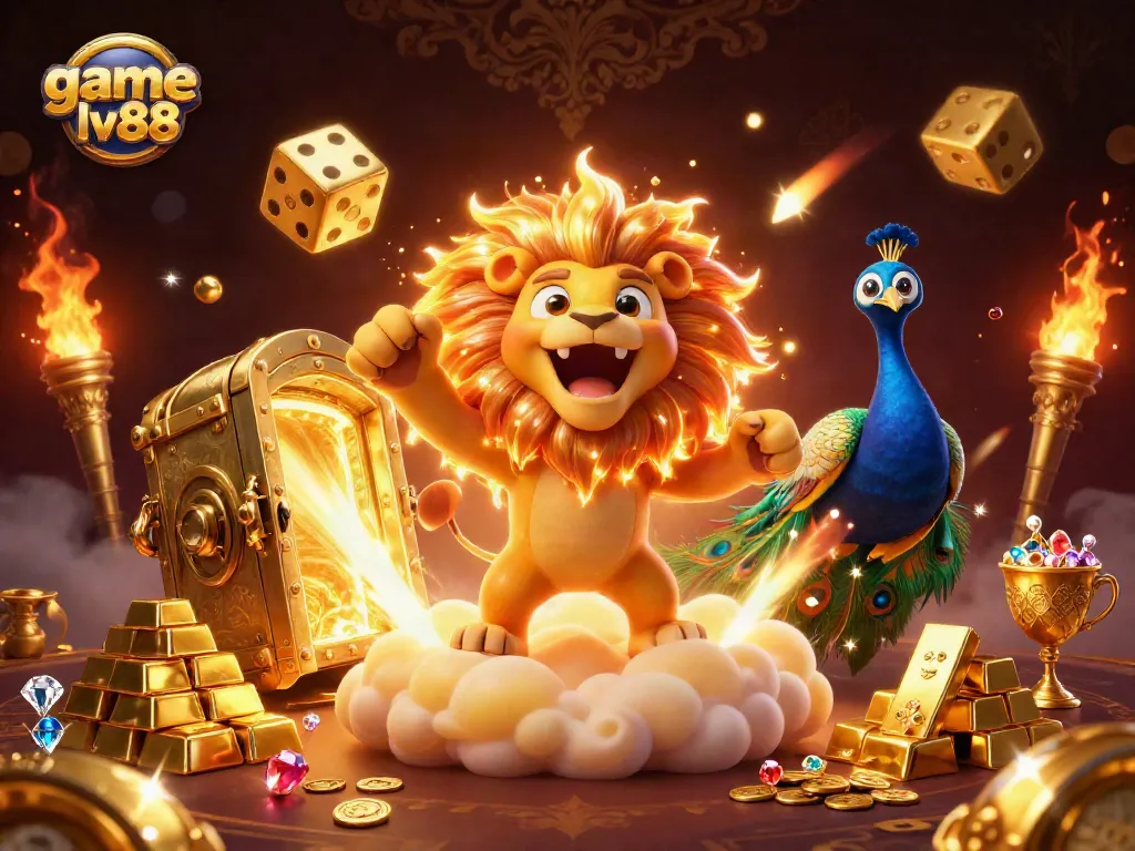 Engage with game lv88, exploring thrilling online casino adventures featuring dazzling golden elements and vibrant characters.