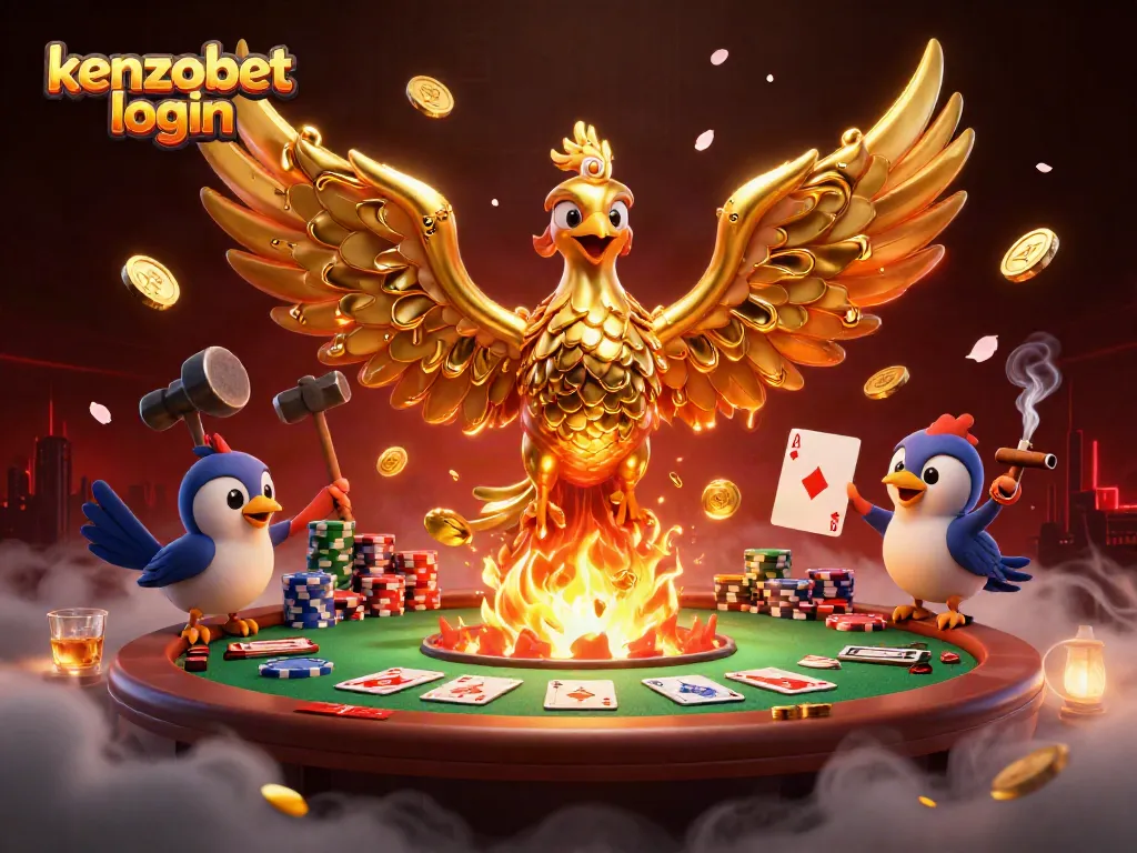 Experience the excitement of kenzobet login with golden phoenix and poker elements in dynamic 3D illustration.