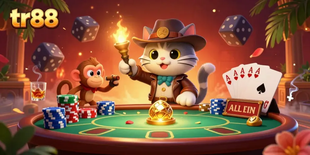 Engage in thrilling casino adventures with TR88 illustrated scene featuring an archaeologist cat discovering a treasure.