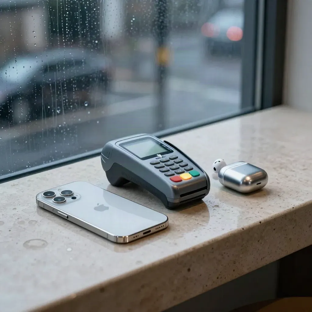 Terminal płatniczy, telefon i etui słuchawek przy mokrej szybie w czasie burzy.