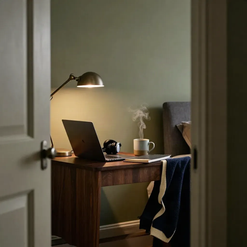 Wieczorny kącik do webinaru: laptop, słuchawki, notes i kubek w ciepłym świetle lampy.
