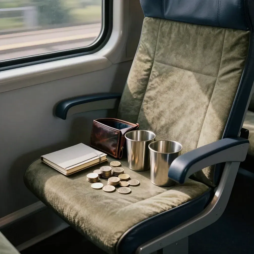 Portfel, monety i zamknięty notes na siedzeniu pociągu, z rozmytym ruchem za oknem.
