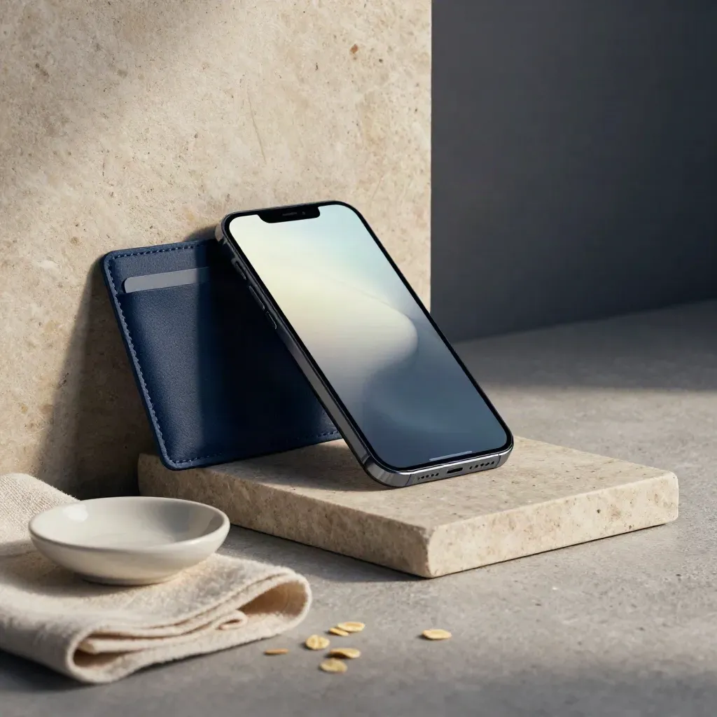 Smartfon na kamiennej płycie, etui na kartę i ceramiczna miseczka w chłodnym minimalistycznym kadrze.