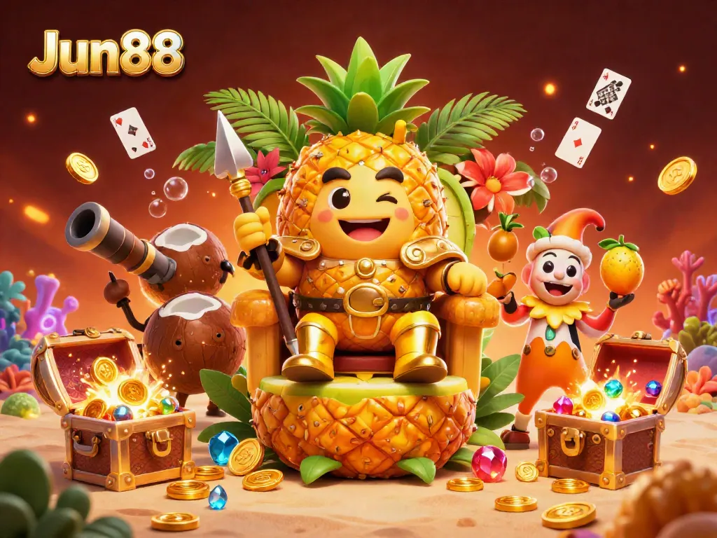 Join the adventure with Jun88's vibrant casino scene featuring the golden pineapple king in an immersive gaming world.