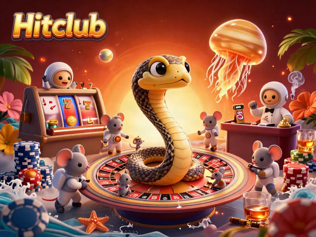 Experience the thrill of Hitclub as astronaut mice spin vibrant slot reels with golden jellyfish dealer oversight.