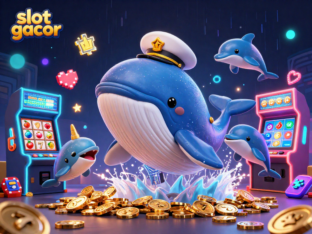 Engage in slot gacor with vibrant whales and dolphins amidst glowing casino elements.