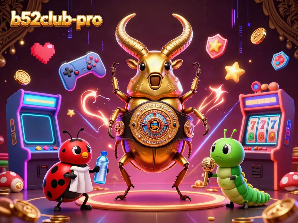 Engage with a vibrant scene featuring b52club-pro characters amidst thrilling slot games and casino elements.
