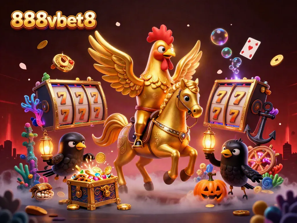 Engage in fun at 888vbet8 with golden rooster and friends in an exciting casino scene.