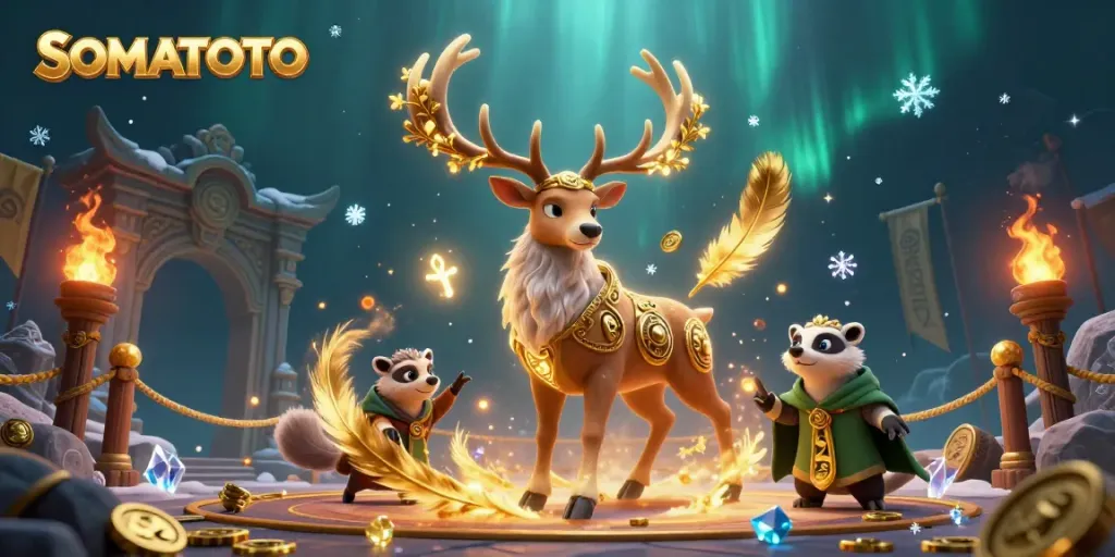SOMATOTO showcases a magical casino scene with a druid stag and mystical lights amid compelling gambling elements.