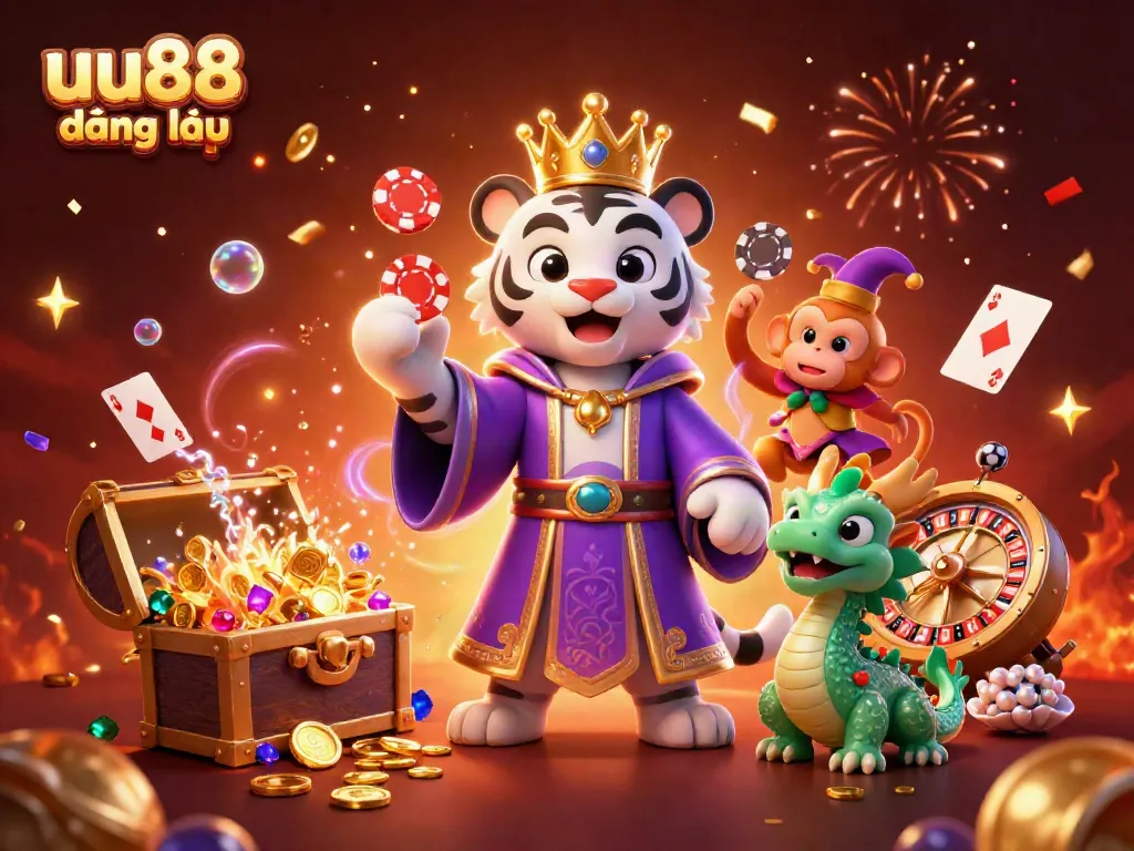 Engage in thrilling gaming with uu88 đăng nhập as a white tiger and jester monkey celebrate wins.