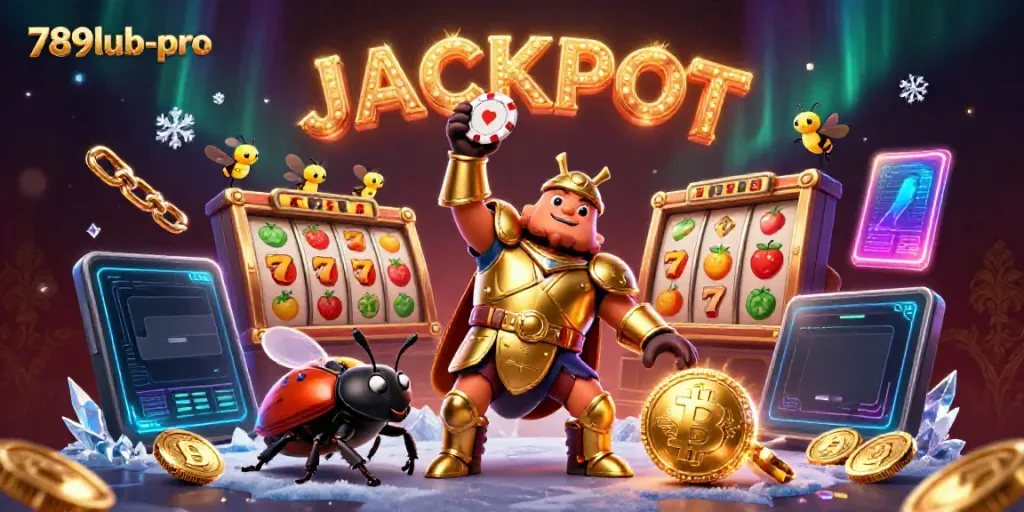 Experience the excitement of 789lub-pro with cartoon characters celebrating jackpots amidst vibrant casino elements.