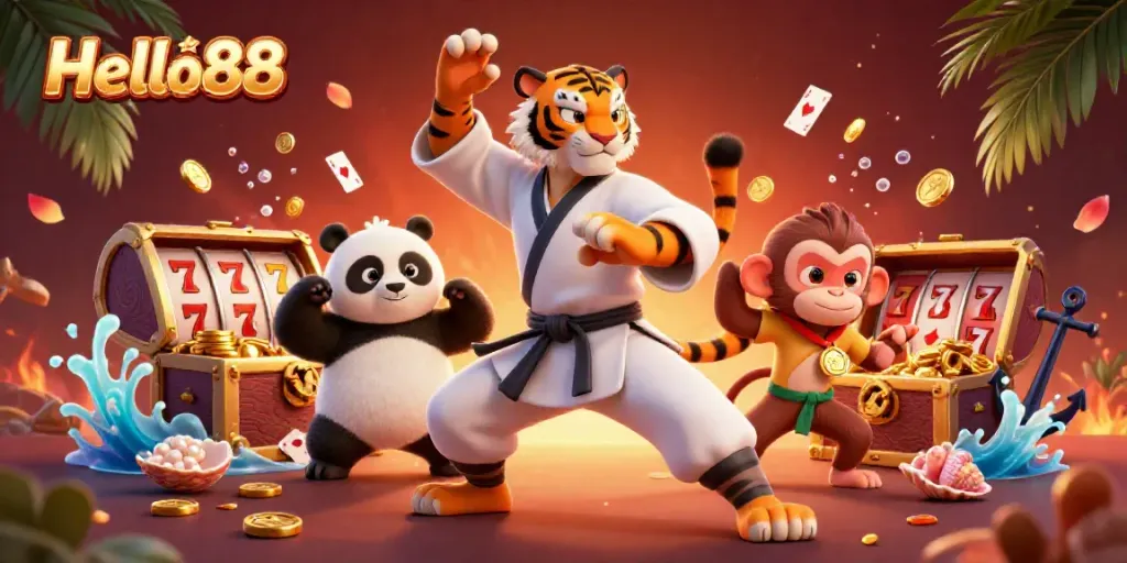 Hello88 generates excitement with casino-themed characters celebrating a jackpot amidst vibrant details.