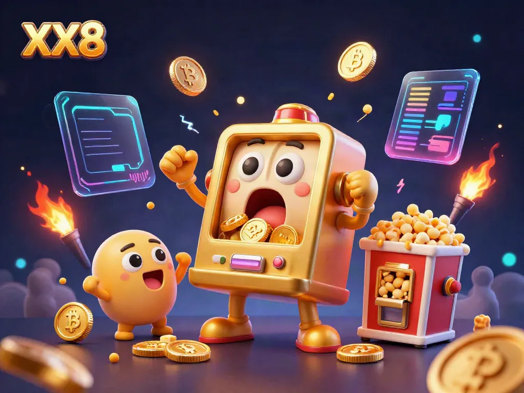 Experience the exciting XX8 jackpot with a golden slot machine in a dynamic casino scene.