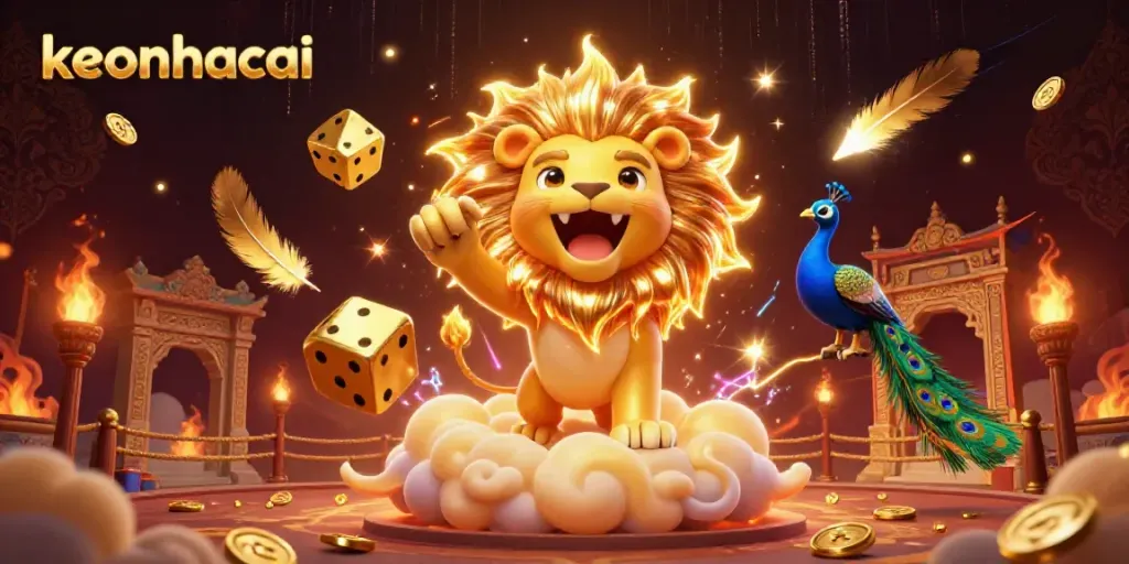 Engage in dynamic keonhacai betting with a powerful sun lion surrounded by gold dice and vibrant casino elements.