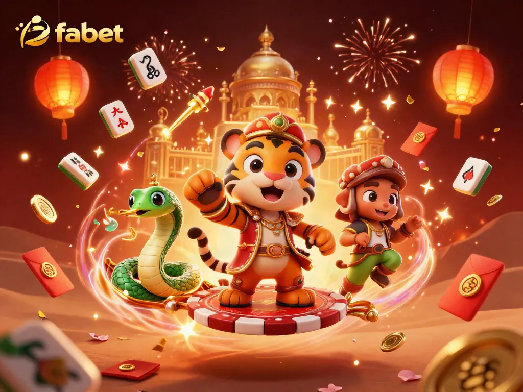 Engage with fabet's excitement, featuring a tiger sultan, magic lamp snake, and festive casino elements.