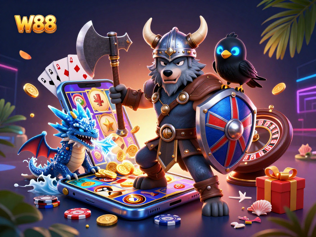 Experience W88's thrilling adventures with a Viking wolf warrior, dragon, and slot games