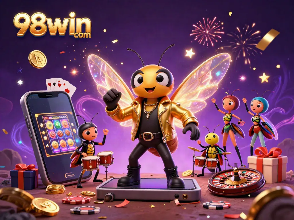 Experience the excitement at 98win com with a dazzling 3D representation of a vibrant casino scene.