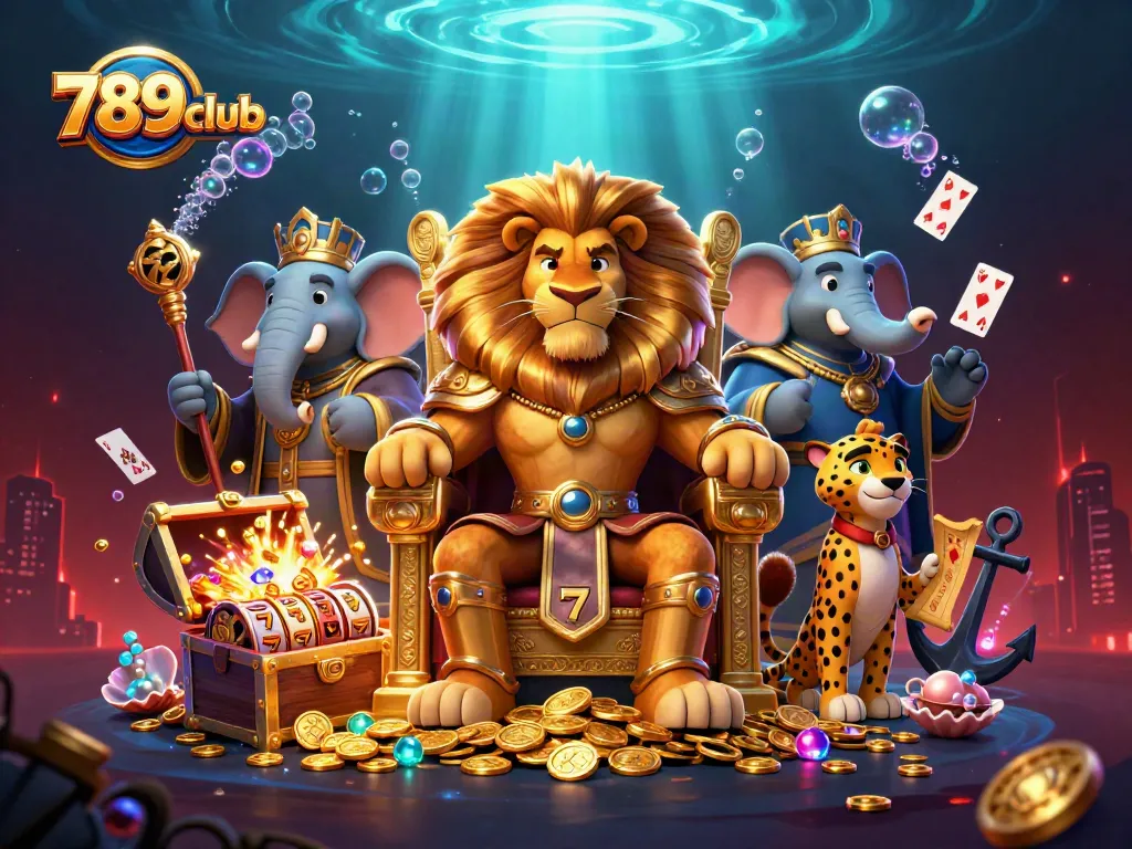 Engage with thrilling action at 789club, featuring a dynamic scene with a lion king and vibrant casino elements.