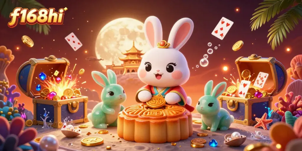 Engage in winning fun with F168hi, where the moon rabbit reveals poker chips and treasures!