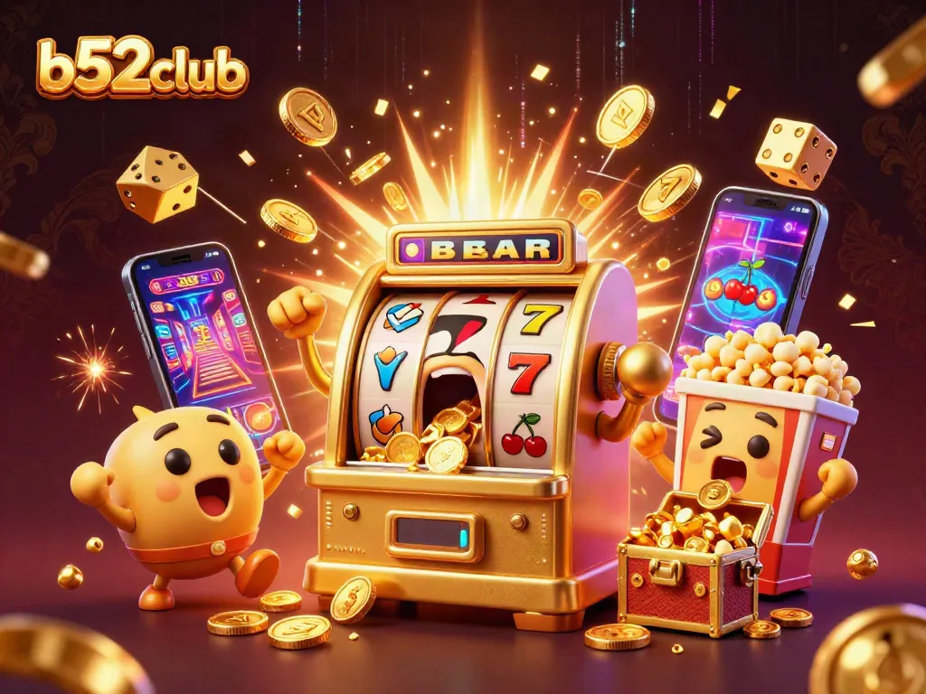 b52club slot machine hits jackpot, celebrating with coins and smaller machines in vibrant casino scene.