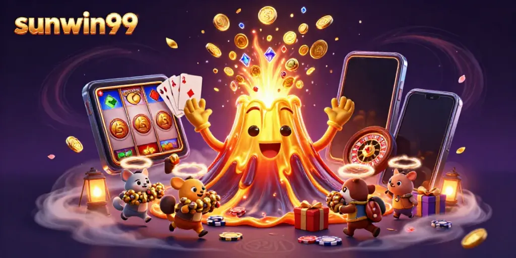 Experience excitement with sunwin99 in a vibrant casino scene featuring treasure and game elements.