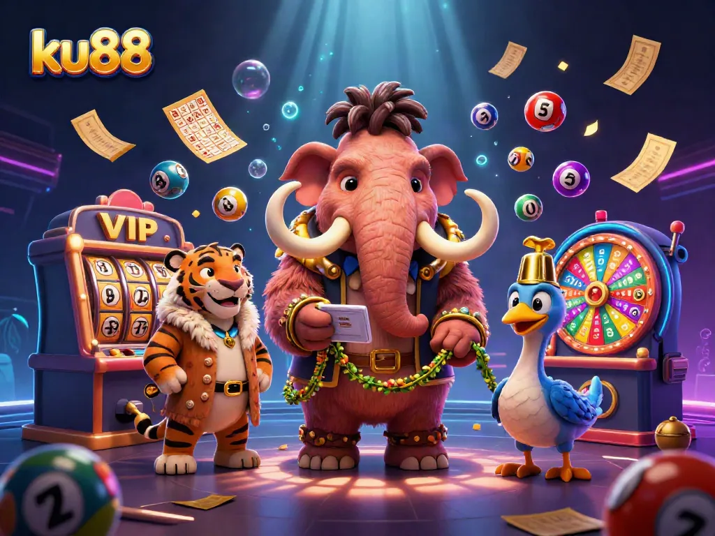 Experience the excitement of ku88 with dynamic lottery balls and a vibrant casino scene.