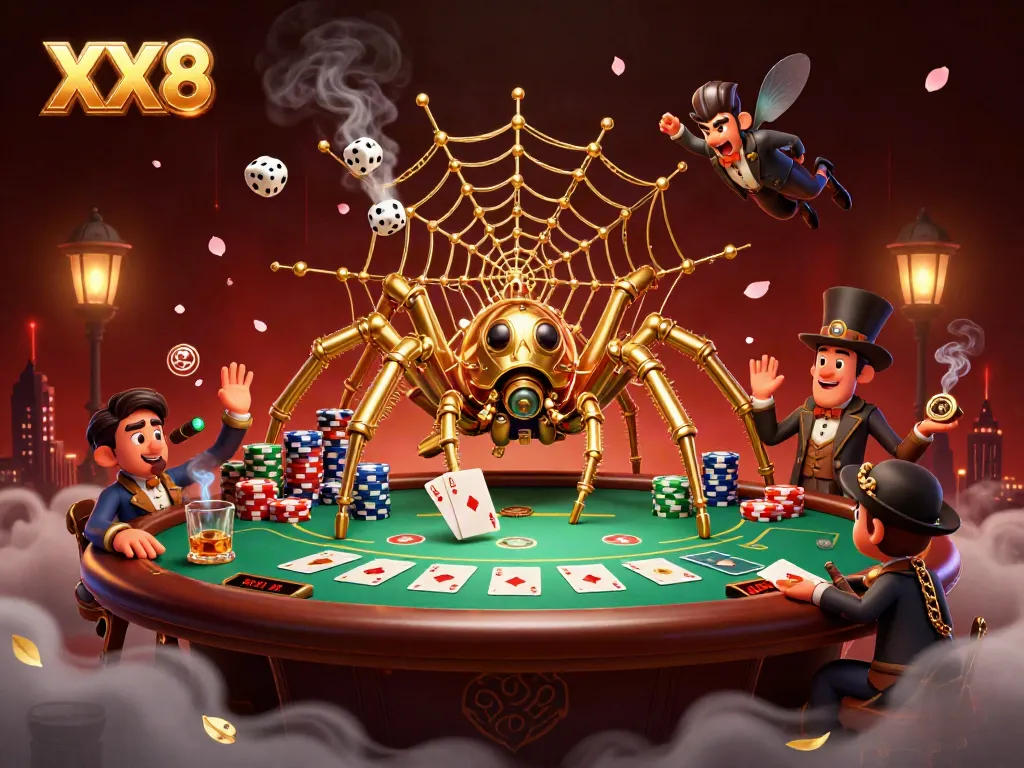 Engage with the thrilling world of XX8, featuring a golden spider and Victorian gentleman amidst a dynamic poker scene.