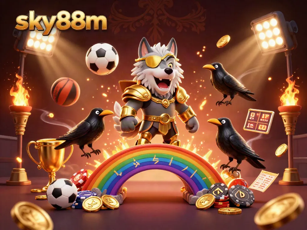 Experience sky88m's action with Odin and ravens amidst a dynamic casino scene filled with sports elements.