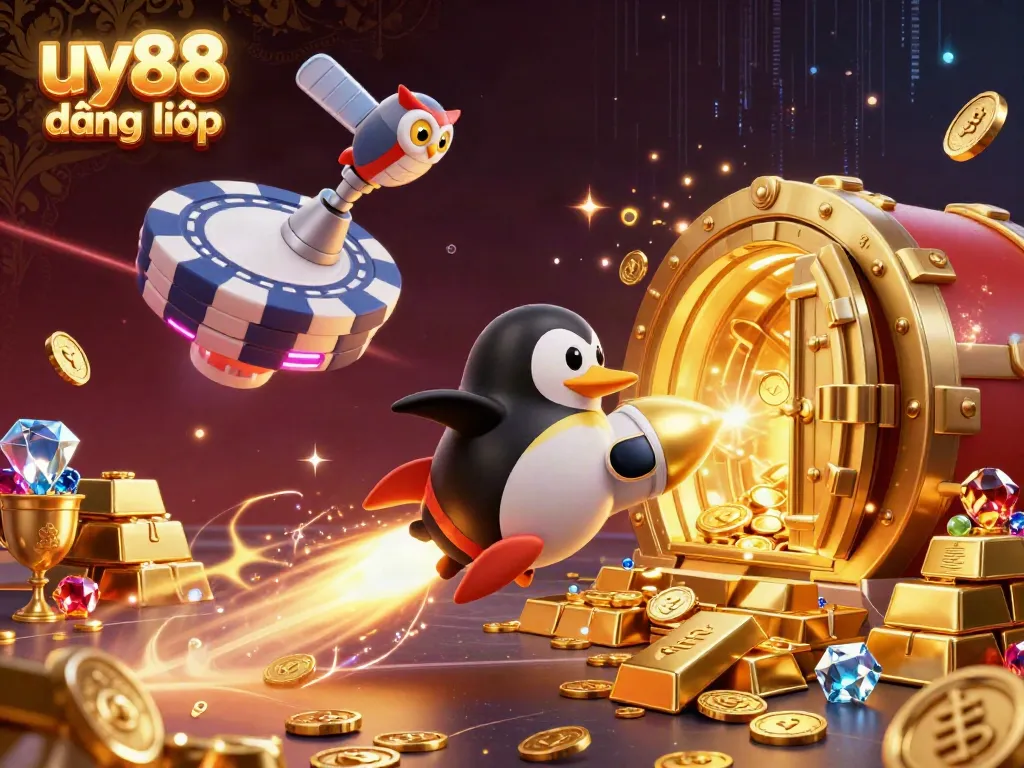 Experience the excitement of uy88 đăng nhập, where a golden penguin zooms through a cosmic casino landscape, surrounded by treasures.