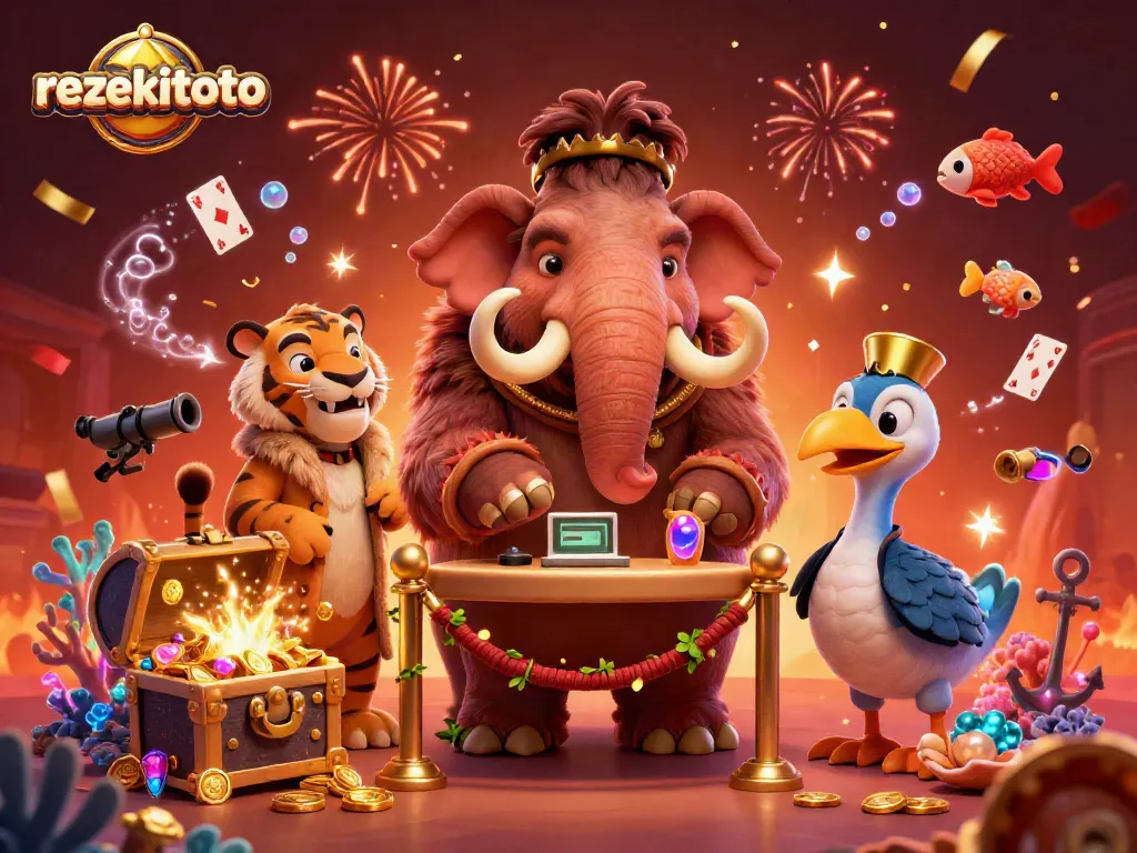 Experience thrilling gameplay at rezekitoto with a vibrant illustration of casino characters and dynamic game elements.