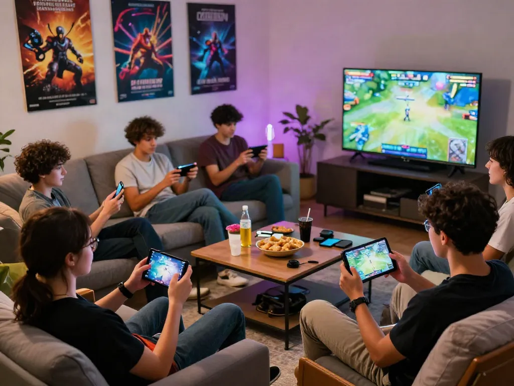 Friends enjoying gaming on garuda404 platform in a cozy lounge atmosphere.