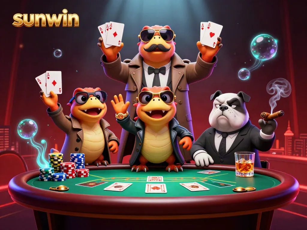 sunwin raptors humorously attempting to enter a VIP casino with poker elements and a guarding bulldog